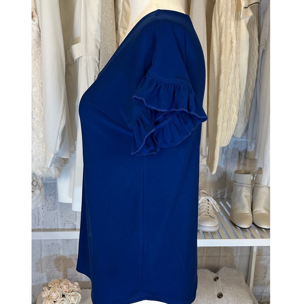 Notations Women's Size S Royal Blue Ruffle Sleeve Half Zip Blouse #0392 - Picture 3 of 10